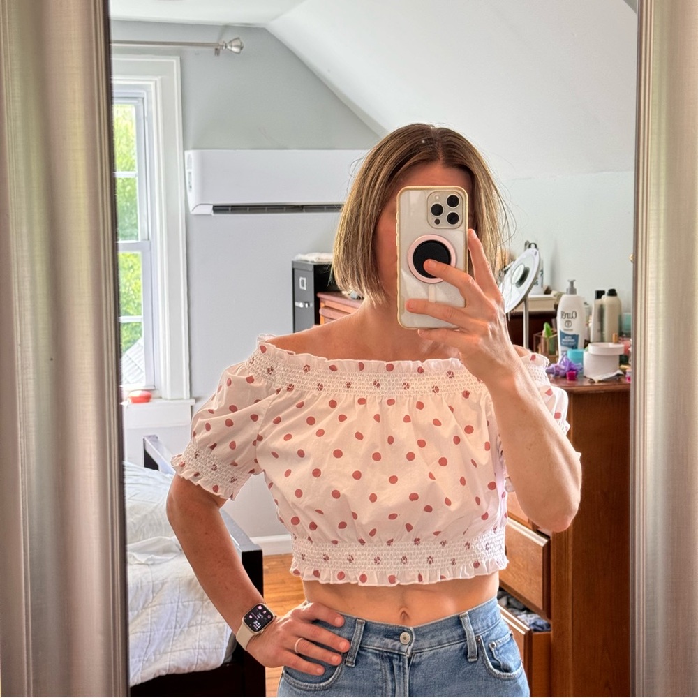 J. Crew Puff-sleeve smocked cotton top in white rose dot, size XS